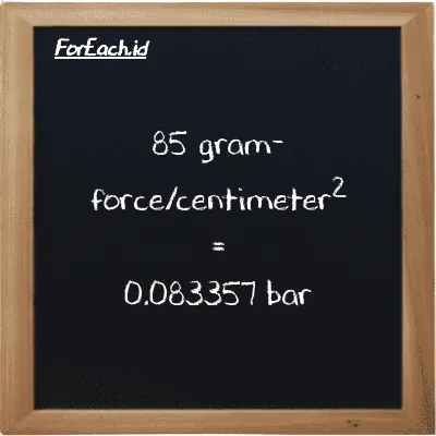 85 gram-force/centimeter<sup>2</sup> is equivalent to 0.083357 bar (85 gf/cm<sup>2</sup> is equivalent to 0.083357 bar)